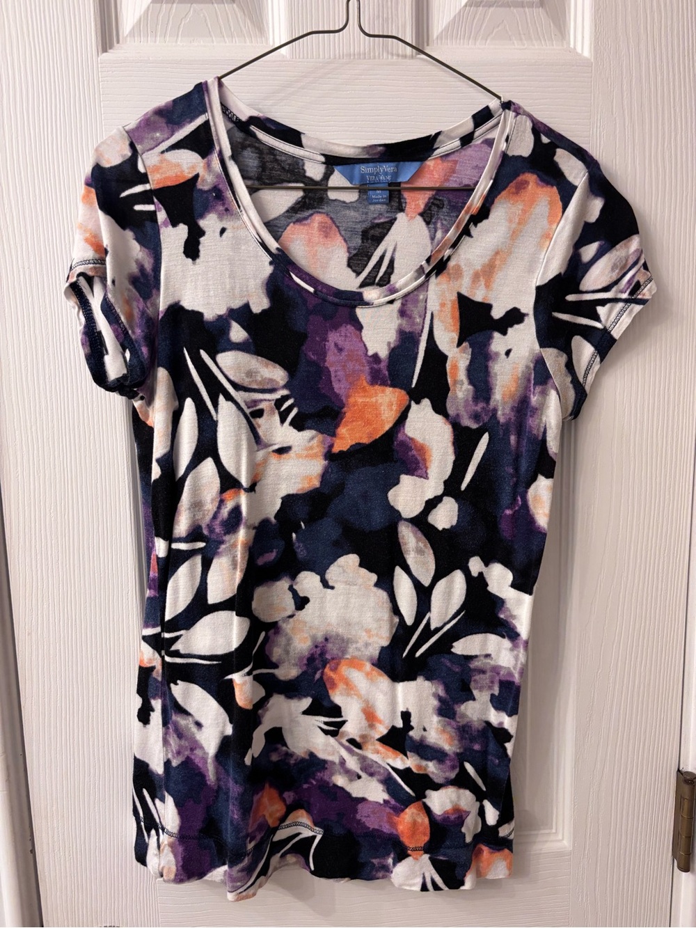 Simply Vera Vera Wang Navy Purple Floral V-Neck Tee with Orange Accents